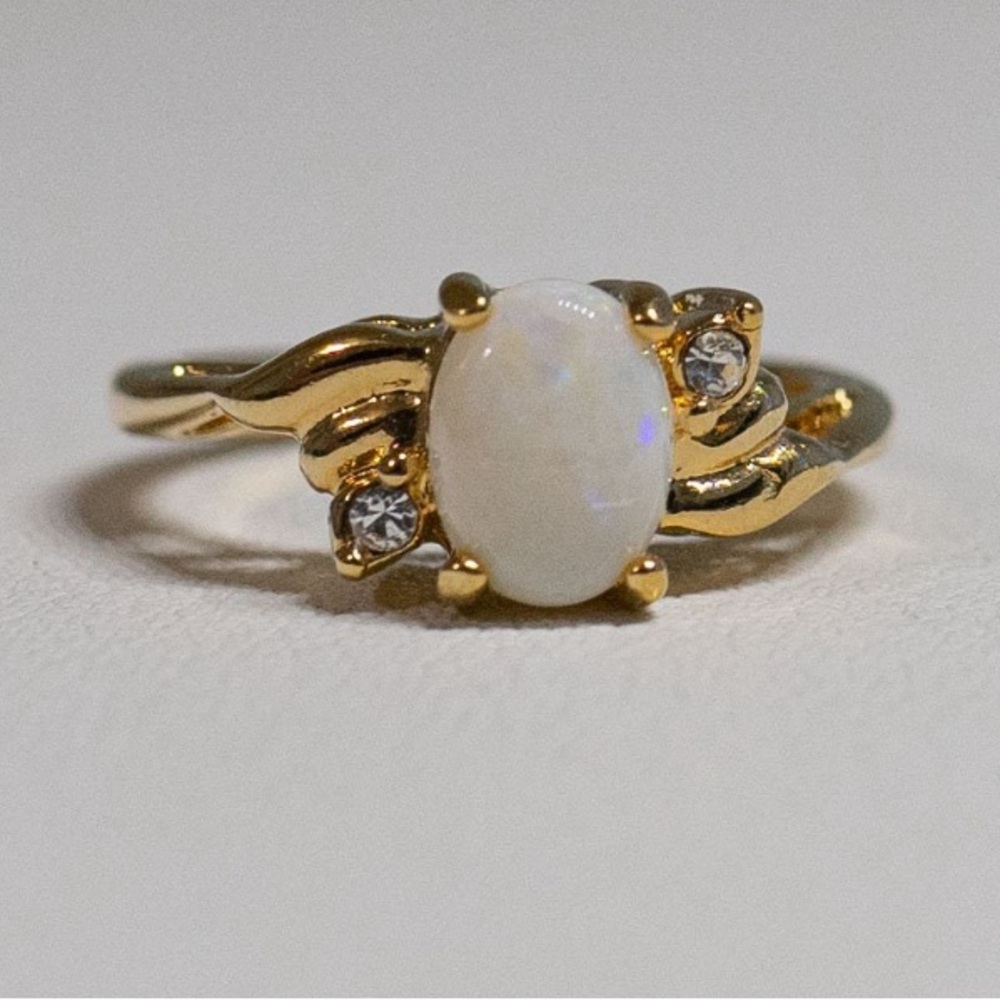 Vintage Opalite & CZ Cubic Zirconia Rhinestone Ring 14KT Gold HGE Size 6.5 Opal